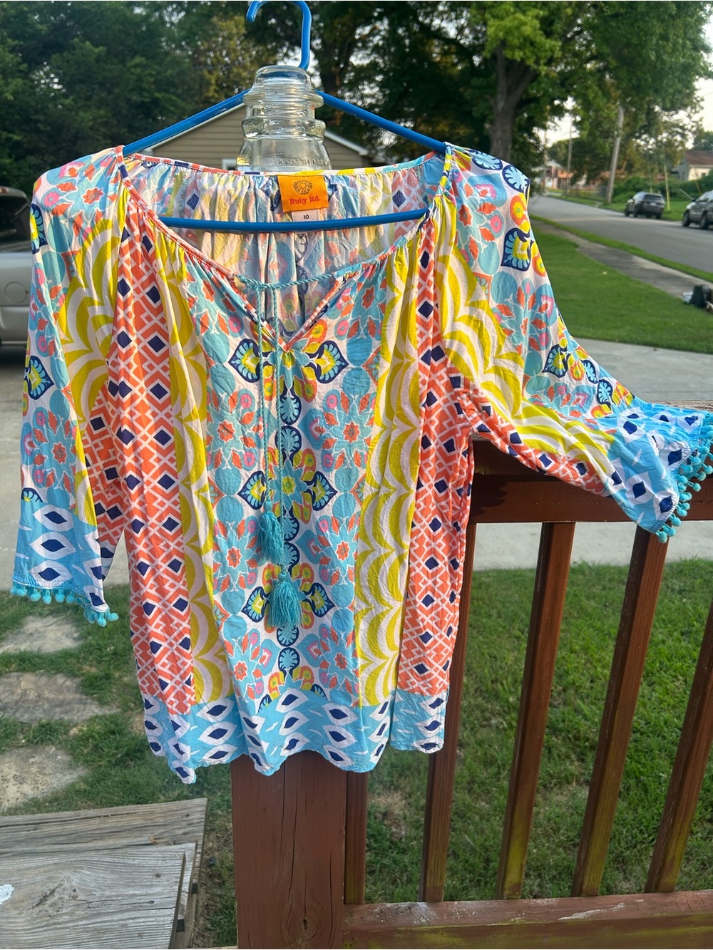 Ruby Rd. Multi-Color Printed Peasant Tunic with Tassel Tie